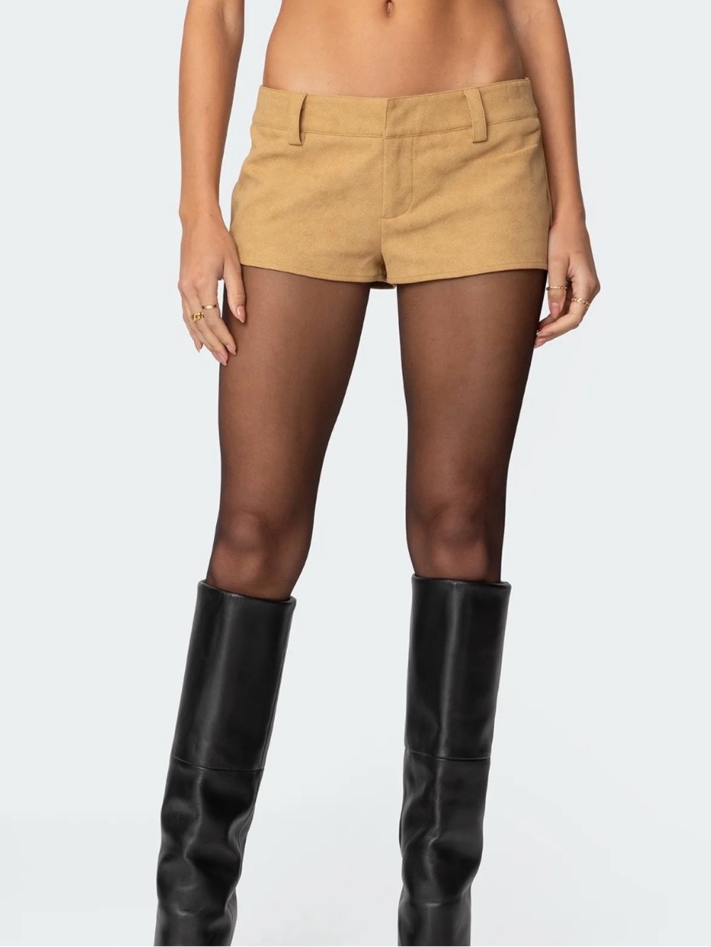 Edikted Tan Faux Suede Micro Shorts